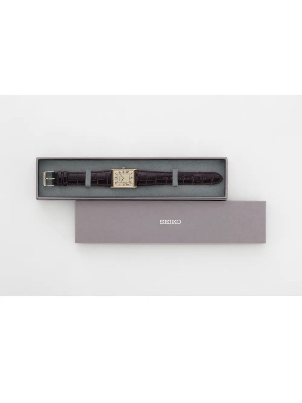 Seiko Gold-Tone Square Watch with Dark Brown Leather Strap